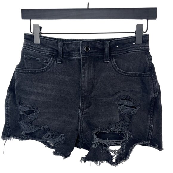 Hollister 26 Black Ripped High Rise Curvy Jean Shorts Raw Hem Distressed - Picture 1 of 14